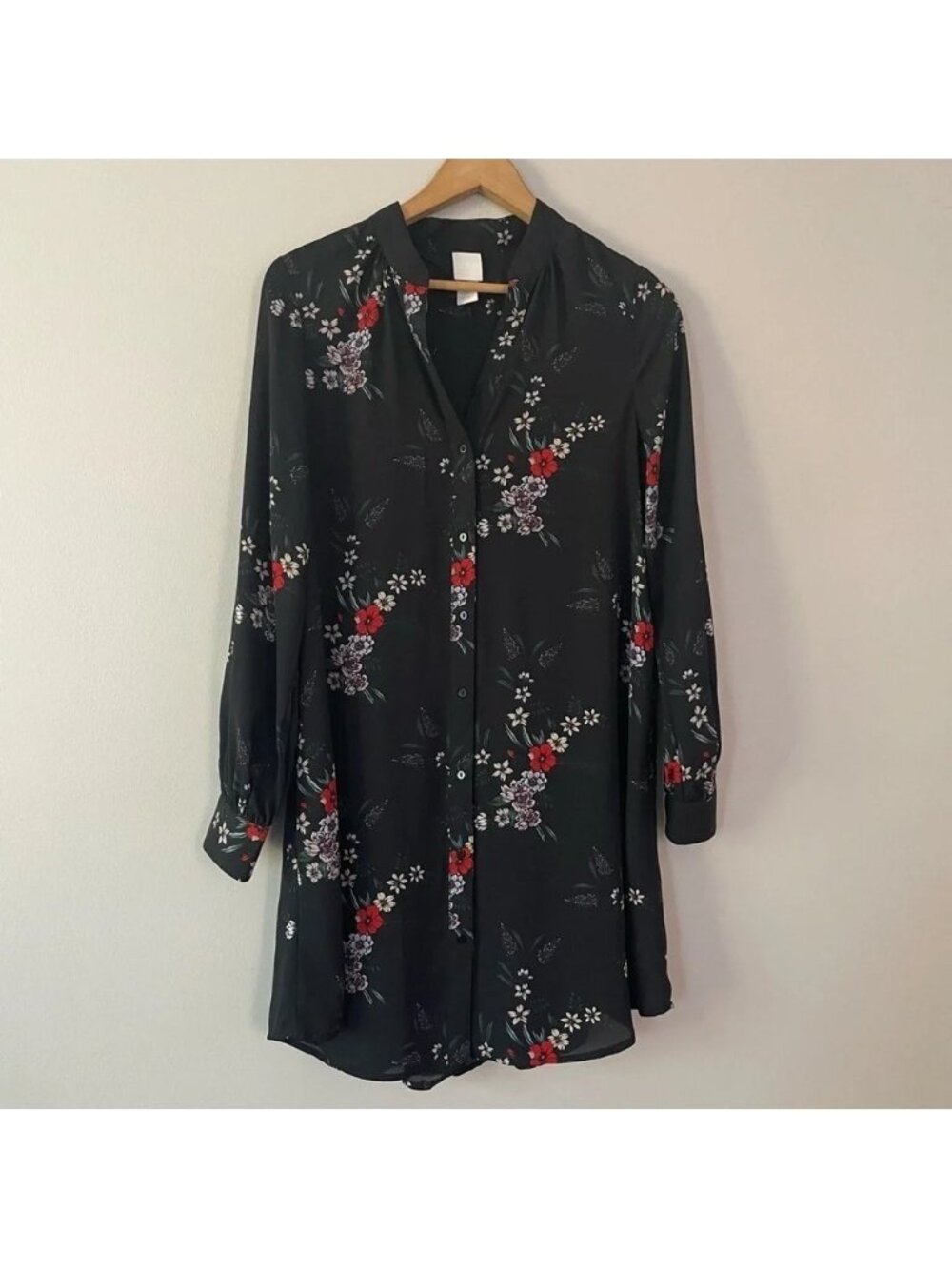 H&M Black Floral Long Chiffon Blouse - 4